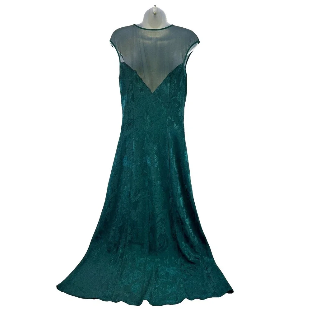 Victorias Secret Gold Label Emerald Green Satin Maxi Slip Gown Floral Jacquard L